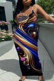 Blue Graphics Sleeveless Backless Spaghetti Strap U Neck Vacation Bodycon Maxi Slip Dress