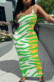 Light Khaki Graphics Sleeveless Backless Spaghetti Strap U Neck Vacation Bodycon Maxi Slip Dress