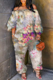 Yellow Casual Floral Print Off Shoulder Long Sleeve Vacation Straight Harem Jumpsuits