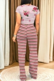 Pink Casual Striped Floral Print O Neck Short Sleeve Crop Tops And Wide Leg Pants Vacation Trouser Sets Two Pieces Trouser Sets