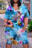 Orange Casual Graphics Print Basic V Neck Short Sleeve Loose Pockets Midi T-Shirt Dress