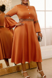 Brown Casual Half A Turtleneck Flare Sleeve Cinch Waist Formal Evening Party Wedding Guest Maxi Dress