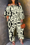 Multicolor Casual Graphics Print Off Shoulder Long Sleeve Vacation Straight Harem Jumpsuits