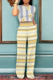 Pink Casual Striped Floral Print O Neck Short Sleeve Crop Tops And Wide Leg Pants Vacation Trouser Sets Two Pieces Trouser Sets