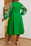 Green Casual Beading O Neck Lantern Sleeve Hollow Out Formal Evening Party Wedding Guest Pleated Midi Dresses