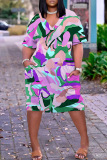 Orange Casual Graphics Print Basic V Neck Short Sleeve Loose Pockets Midi T-Shirt Dress