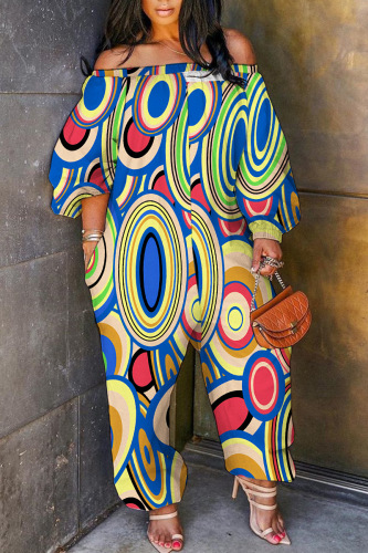 Multicolor Casual Graphics Print Off Shoulder Long Sleeve Vacation Straight Harem Jumpsuits