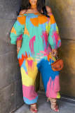 Multicolor Casual Graphics Print Off Shoulder Long Sleeve Vacation Straight Harem Jumpsuits