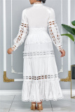 White Renaissance Lace Trim Princess Sleeve Hollow Out Long Sleeve Crop Tops And Pleated Maxi Skirt Vacation Two Pieces Dress Set