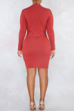 Grey Half A Turtleneck Long Sleeve Side Button Wrapped Skirt Knitted Bodycon Mini Sweater Dresses