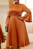 Brown Casual Half A Turtleneck Flare Sleeve Cinch Waist Formal Evening Party Wedding Guest Maxi Dress