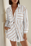 White Casual Striped Print Turndown Collar Long Sleeve Buttons Blouse And Shorts Vacation Two Pieces Shorts Sets