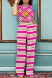Pink Casual Striped Floral Print O Neck Short Sleeve Crop Tops And Wide Leg Pants Vacation Trouser Sets Two Pieces Trouser Sets
