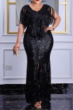 Black Sequins Slit O Neck Fringed Trim Formal Evening Party Wedding Bodycon Maxi Dresses