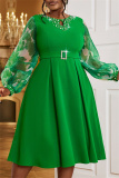 Green Casual Beading O Neck Lantern Sleeve Hollow Out Formal Evening Party Wedding Guest Pleated Midi Dresses