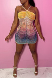 Yellow Ombre Print Backless Sleeveless Wrapped Skirt Bodycon Halter Mini Dresses