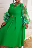 Green Casual Beading O Neck Lantern Sleeve Hollow Out Formal Evening Party Wedding Guest Pleated Midi Dresses