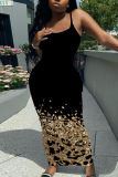 Blue Graphics Sleeveless Backless Spaghetti Strap U Neck Vacation Bodycon Maxi Slip Dress