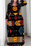 Color Casual Graphcis Print O Neck Long Sleeve Straight Floor Length Vacation Baggy Plus Size Maxi Dress