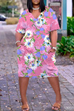 Orange Casual Graphics Print Basic V Neck Short Sleeve Loose Pockets Midi T-Shirt Dress