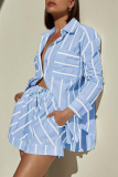 White Casual Striped Print Turndown Collar Long Sleeve Buttons Blouse And Shorts Vacation Two Pieces Shorts Sets