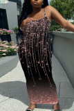 Blue Graphics Sleeveless Backless Spaghetti Strap U Neck Vacation Bodycon Maxi Slip Dress
