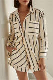 White Casual Striped Print Turndown Collar Long Sleeve Buttons Blouse And Shorts Vacation Two Pieces Shorts Sets