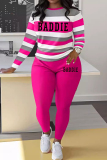 Blue Stripe Print O Neck Long Sleeve Oversize Tops And Skinny Pants Sportwear Casual Two Pieces Sweatpant Sets