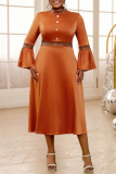 Brown Casual Half A Turtleneck Flare Sleeve Cinch Waist Formal Evening Party Wedding Guest Maxi Dress