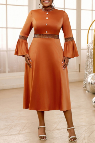 Brown Casual Half A Turtleneck Flare Sleeve Cinch Waist Formal Evening Party Wedding Guest Maxi Dress