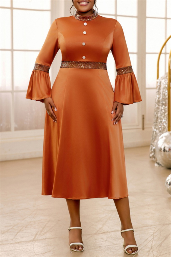 Brown Casual Half A Turtleneck Flare Sleeve Cinch Waist Formal Evening Party Wedding Guest Maxi Dress