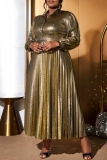 Gold Metallic Lantern Sleeve Lapel Collar Vintage Glam Party Pleated Midi Dress