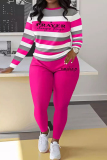 Red Striped Print Long Sleeve Sweatshirt and Skinny Pant Casual Two Piece Matching Sweatsuit Set