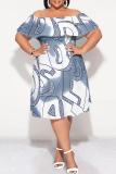 Blue Graphic Print Off Shoulder Plus Size Midi Dress Summer Party Outfit
