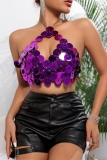 Purple Sleeveless Sparkling Party Sequin Halter Top