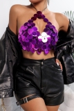 Purple Sleeveless Sparkling Party Sequin Halter Top
