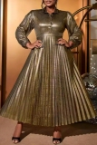 Gold Metallic Lantern Sleeve Lapel Collar Vintage Glam Party Pleated Midi Dress