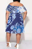 Blue Graphic Print Off Shoulder Plus Size Midi Dress Summer Party Outfit