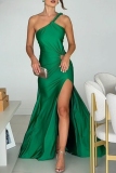 Green Sleeveless One Shoulder Cutout Side Slit Evening Party Gown Satin Maxi Dress