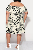 Blue Graphic Print Off Shoulder Plus Size Midi Dress Summer Party Outfit