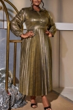 Gold Metallic Lantern Sleeve Lapel Collar Vintage Glam Party Pleated Midi Dress