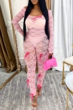 Pink Lace Long Sleeve Night Out Party Jumpsuit Skinny Bodysuit with Pink Bow Decor