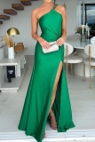 Green Sleeveless One Shoulder Cutout Side Slit Evening Party Gown Satin Maxi Dress