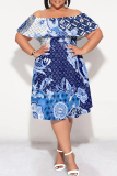 Blue Graphic Print Off Shoulder Plus Size Midi Dress Summer Party Outfit
