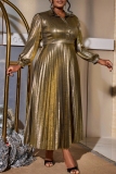Gold Metallic Lantern Sleeve Lapel Collar Vintage Glam Party Pleated Midi Dress