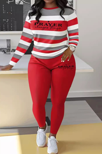 Red Striped Print Long Sleeve Sweatshirt and Skinny Pant Casual Two Piece Matching Sweatsuit Set