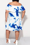 Blue Graphic Print Off Shoulder Plus Size Midi Dress Summer Party Outfit