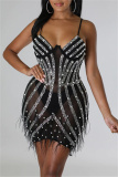 Sexy Patchwork Hot Drilling See-through Backless Spaghetti Strap Wrapped Skirt Dresses