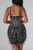 Sexy Patchwork Hot Drilling See-through Backless Spaghetti Strap Wrapped Skirt Dresses
