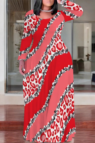 Red Graphcis Print V Neck Long Sleeve Floor Length Loose Fit Straight Maxi Dress
